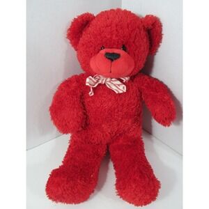 Red plush teddy bear white red striped bow black thread nose 15"